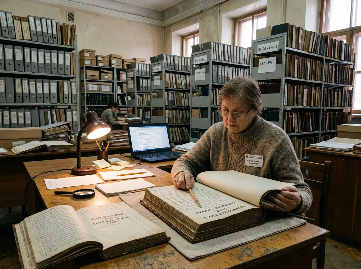 Архивариус просматривает старые метрические книги в российском региональном архиве, полки с папками, деловая обстановка